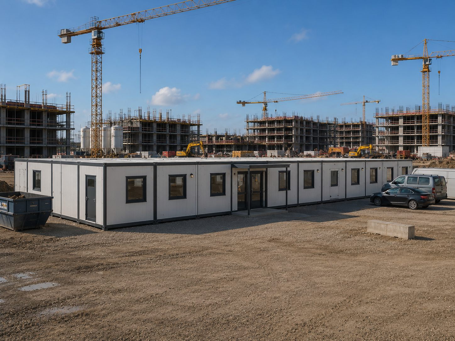 Baustellenbüro-Container mit Fenstern und Zugangstreppe auf der Baustelle