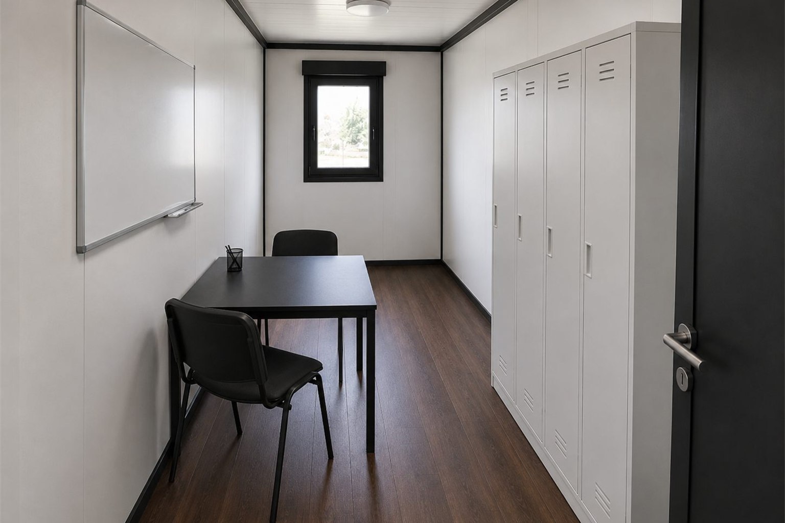 Bürocontainer innen: Arbeitsplatz mit Fenster und Beleuchtung