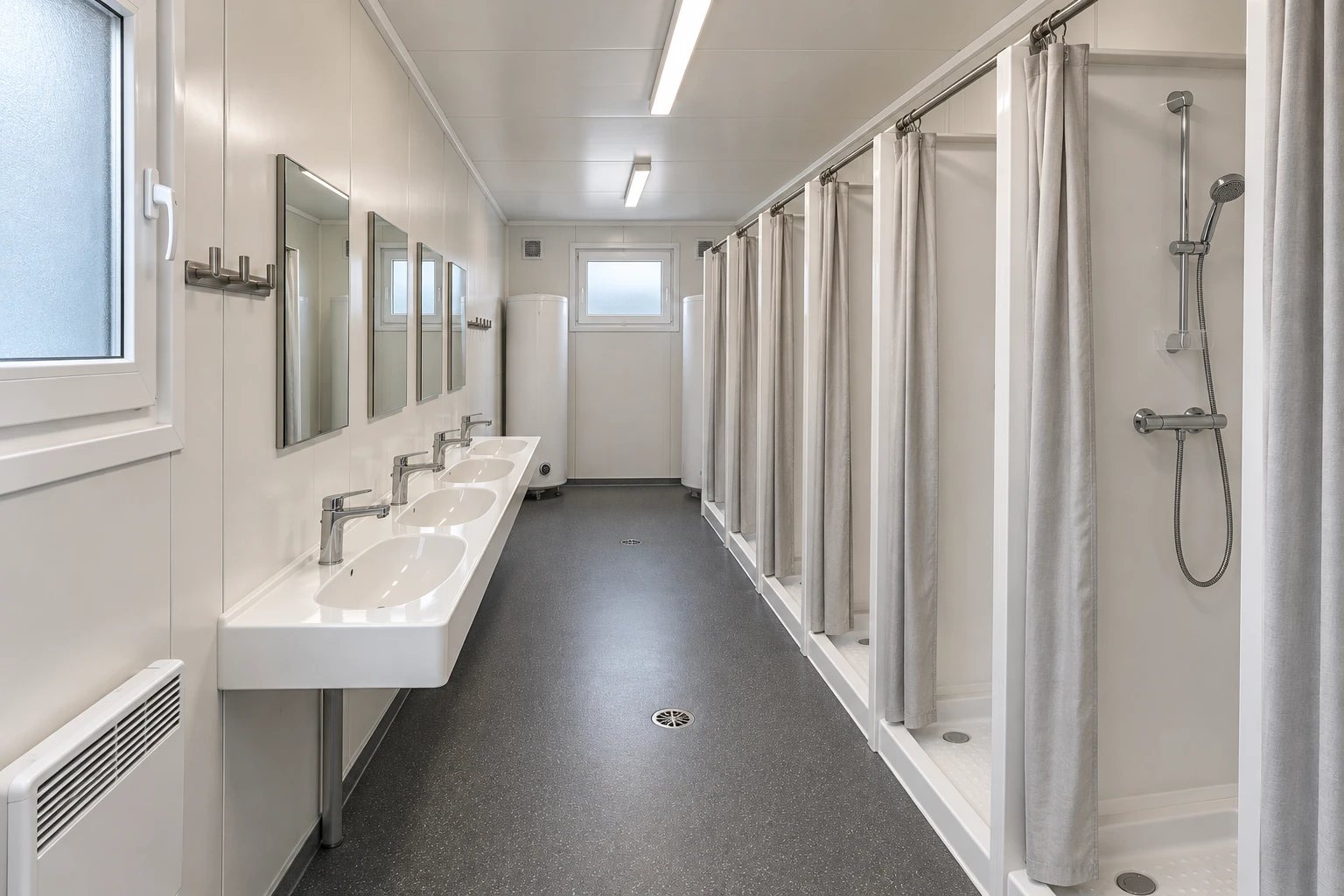 Duschcontainer 20 ft kaufen, innen mit Einzelduschen, Waschrinne und Boilern