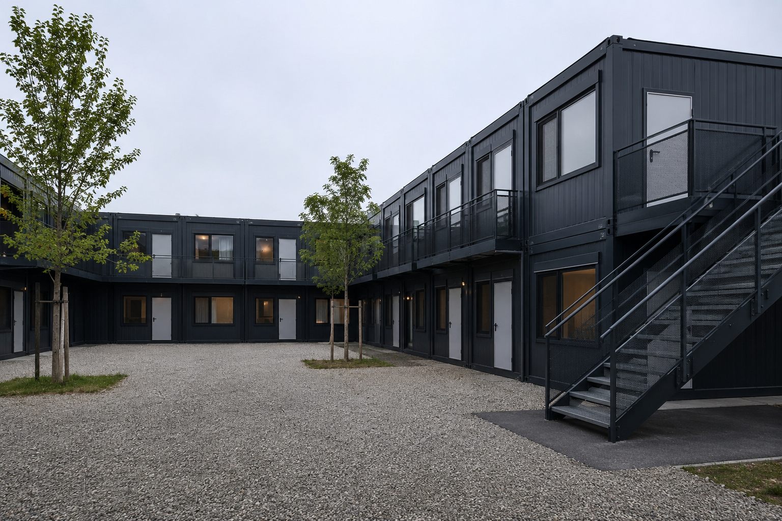 Zweigeschossige Containeranlage aus Wohncontainern mit Außentreppe