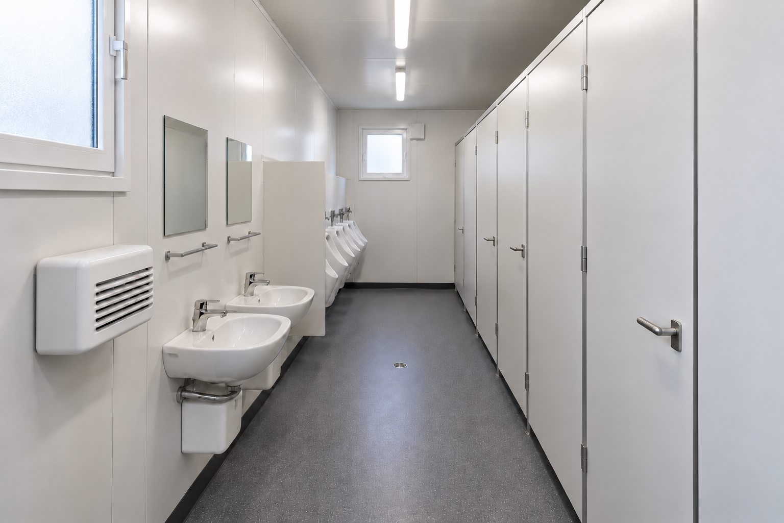 WC-Container 20 ft kaufen, Herren innen mit Kabinen, Urinalen und Waschbecken