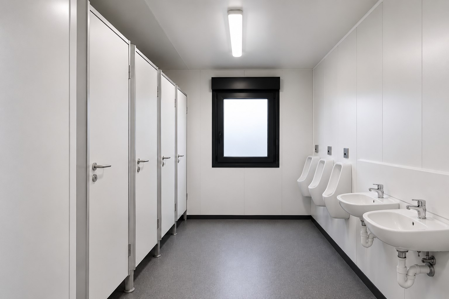 WC-Container Herren innen: Kabinen, Urinale und Waschbecken